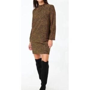 NWT JCrew Shift Mini Dress Size 4 Ruffleneck in Black Gold Polka Dot Long Sleeve